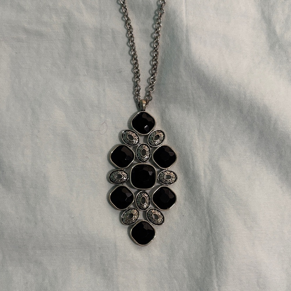 Long Black and Silver Tone Pendant Necklace